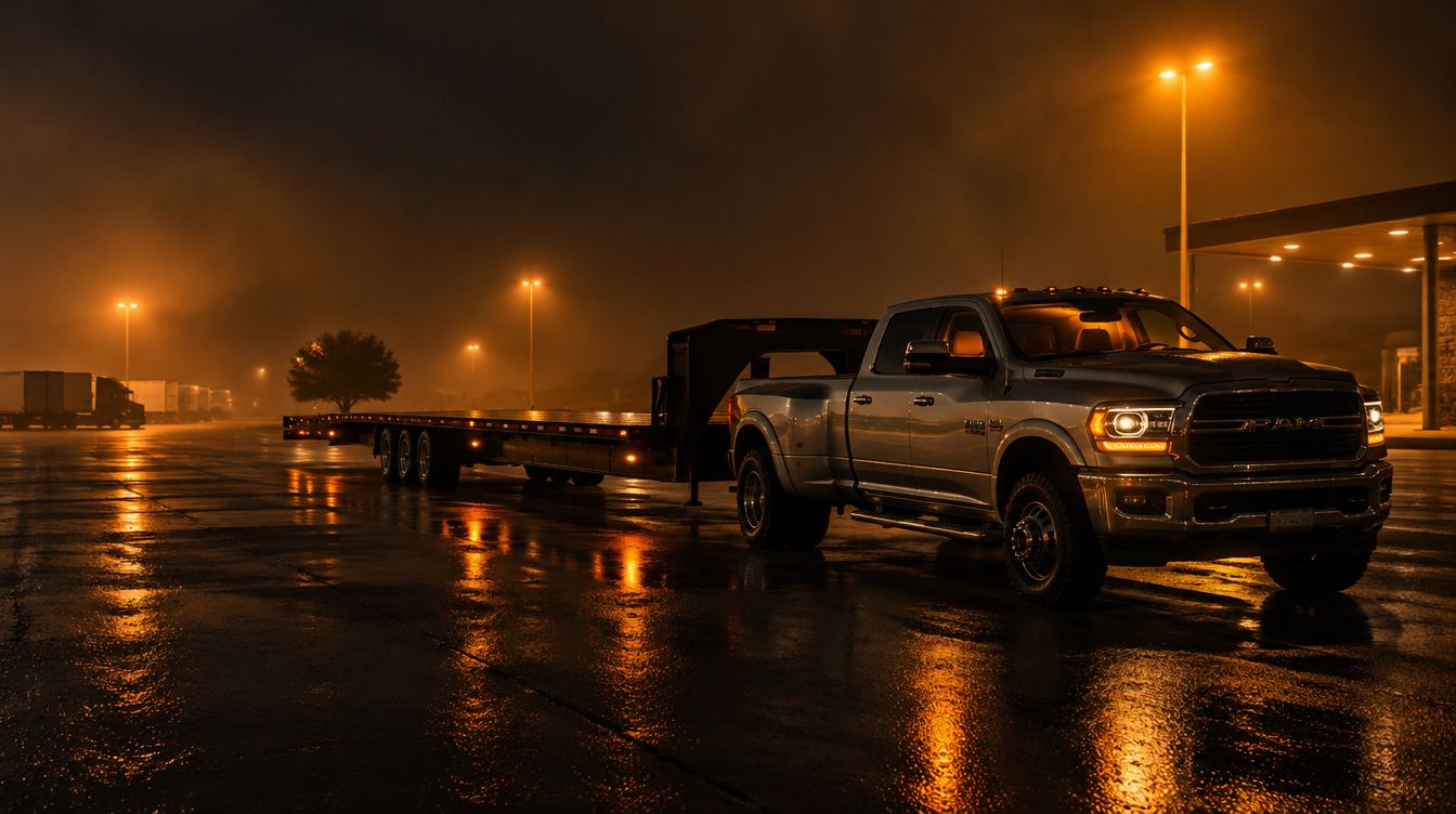 Hotshot truck at night in Texas