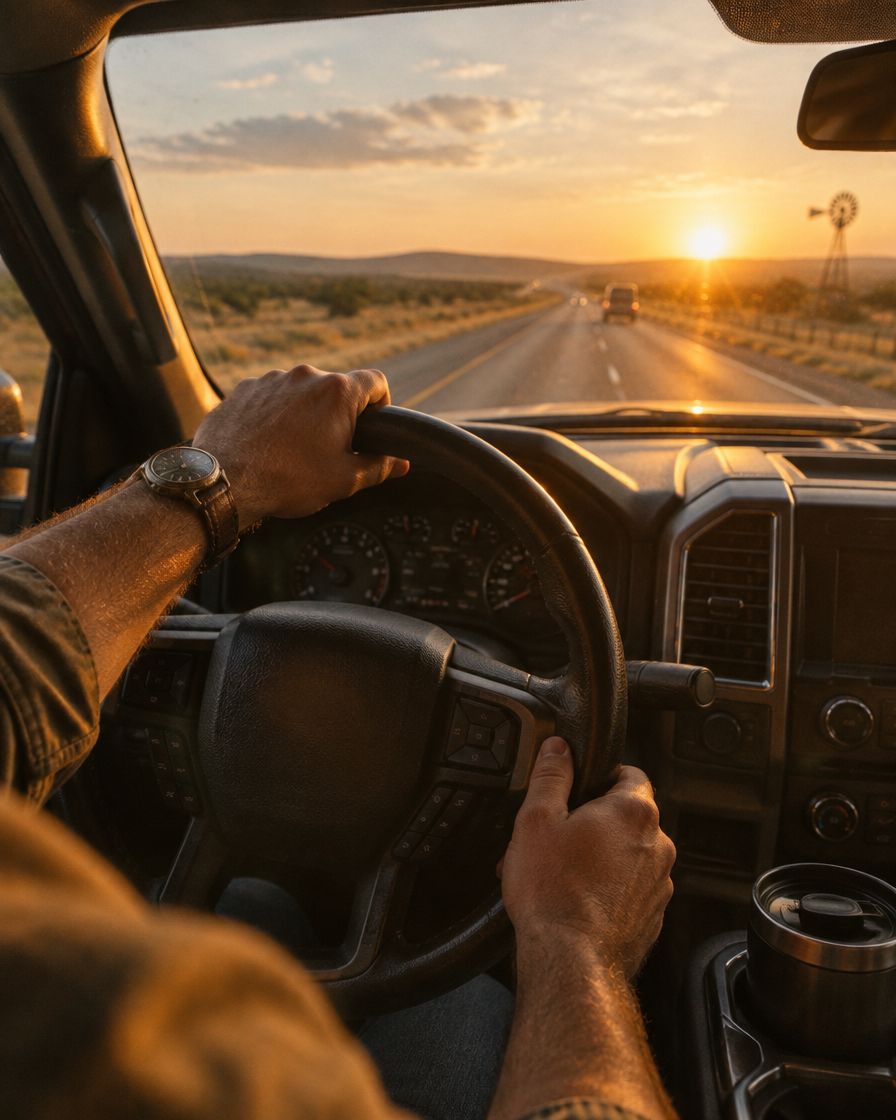 Hands on the steering wheel at sunrise